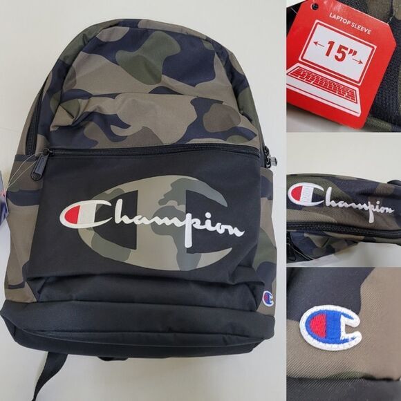 NEW CHAMPION CAMO BLACK GREEN LAPTOP SLEEVE TRAVEL BACKPACK BAG - Picture 1 of 16